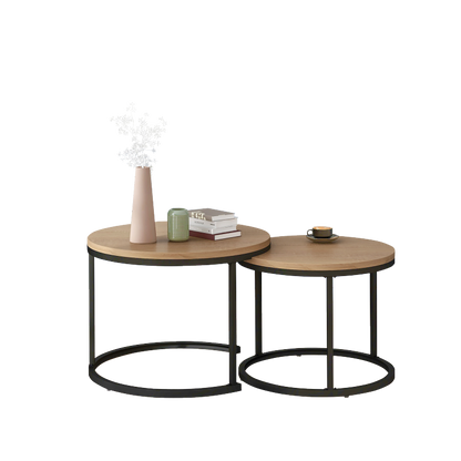 Runder Couchtisch 2er Set Satz Couchtisch Wohnzimmer Runder geschachtelter Beistelltisch 2 Runder Beistelltisch(Eiche)