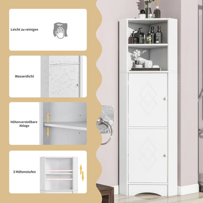 Badschrank, Badmöbel, Eckschrank mit zwei Ablagefächern, offenes Fach mit verstellbarem Einlegeboden,36.5 x 36.5 x 155 cm, weiß