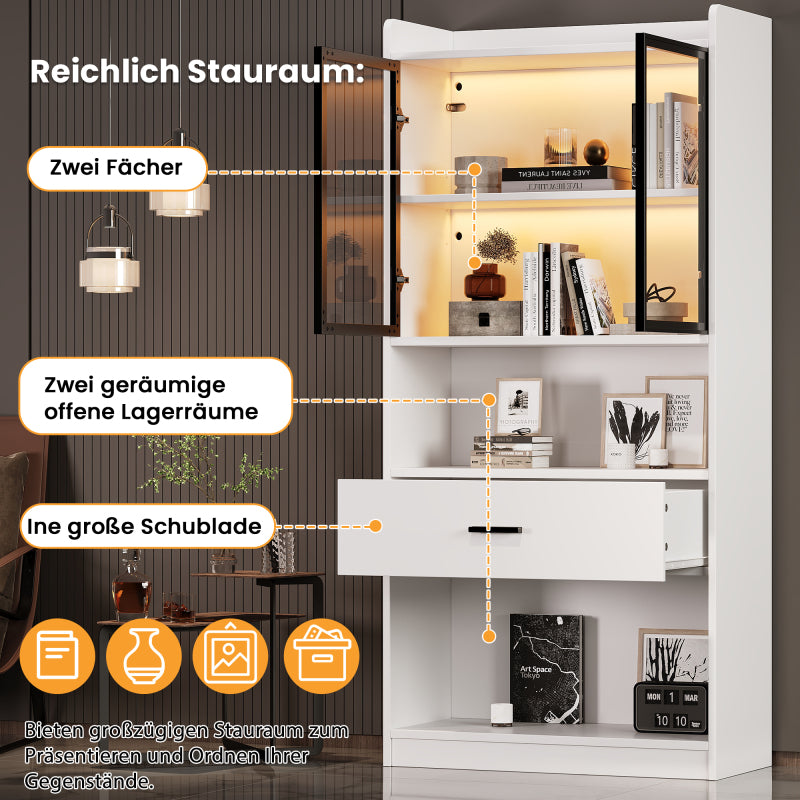 Curio Vitrine mit Licht, 16 Farben Licht, Sammlerstücke Schrank Display Regal, Bücherregal Vitrine für Wohnzimmer, weiß