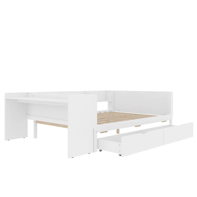 Flachbett, Holzbett, 140x200cm, mit Schreibtisch, ausgestattet mit 2 Schubladen, Doppelbett(Ohne Matratze), mit Regalen, Kiefer + Spanplatte, weiß