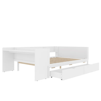 Flachbett, Holzbett, 140x200cm, mit Schreibtisch, ausgestattet mit 2 Schubladen, Doppelbett(Ohne Matratze), mit Regalen, Kiefer + Spanplatte, weiß
