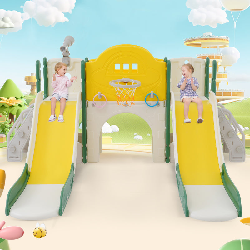 8 in 1 Kinderrutsche Kletterspielzeug, Multifunktionsrutsche mit 2 Rutschen, freistehende Rutsche, Klettern, Bohrspiel, Stauraum, Spielkorridor, Basketballkorb, Lasso-Spiel, Teleskop