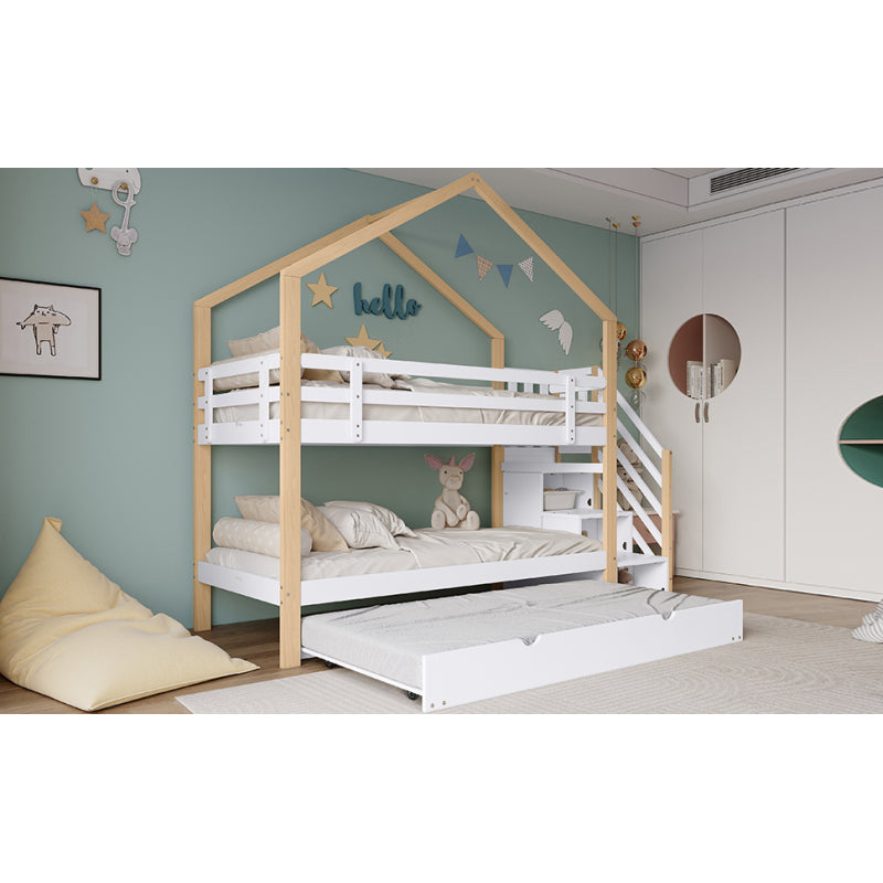 Etagenbett, Ausziehbares Baumhausbett, Schiebebett, Treppe mit 3 Schubladen, Kinderbett mit Absturzsicherung und Kinderbettgitter, mit Lattenroste, Natur+Weiß (90x200cm&90x190cm) [30813567NAA]