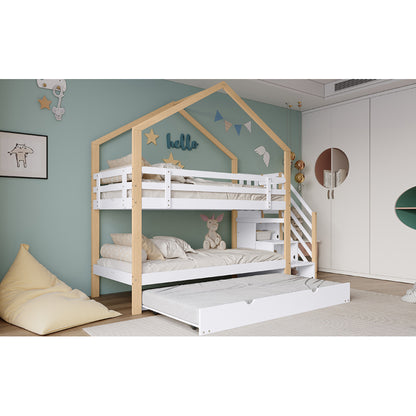Etagenbett, Ausziehbares Baumhausbett, Schiebebett, Treppe mit 3 Schubladen, Kinderbett mit Absturzsicherung und Kinderbettgitter, mit Lattenroste, Natur+Weiß (90x200cm&90x190cm) [30813567NAA]
