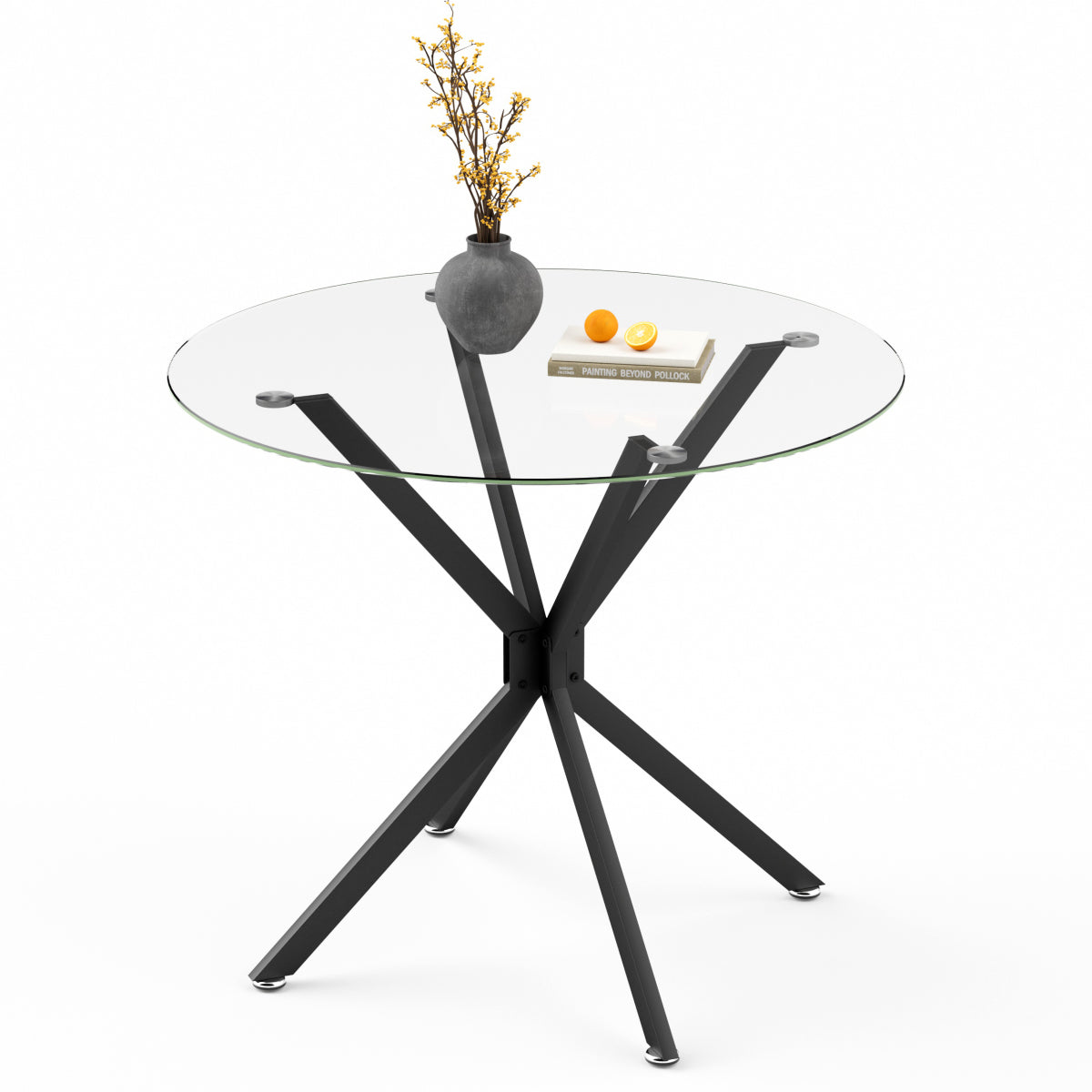 Esstisch Rund 90 cm Schwarz, Glastisch mit Gehärtetem Glas & Metallbeinen, Modernes Design