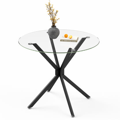 Esstisch Rund 90 cm Schwarz, Glastisch mit Gehärtetem Glas & Metallbeinen, Modernes Design