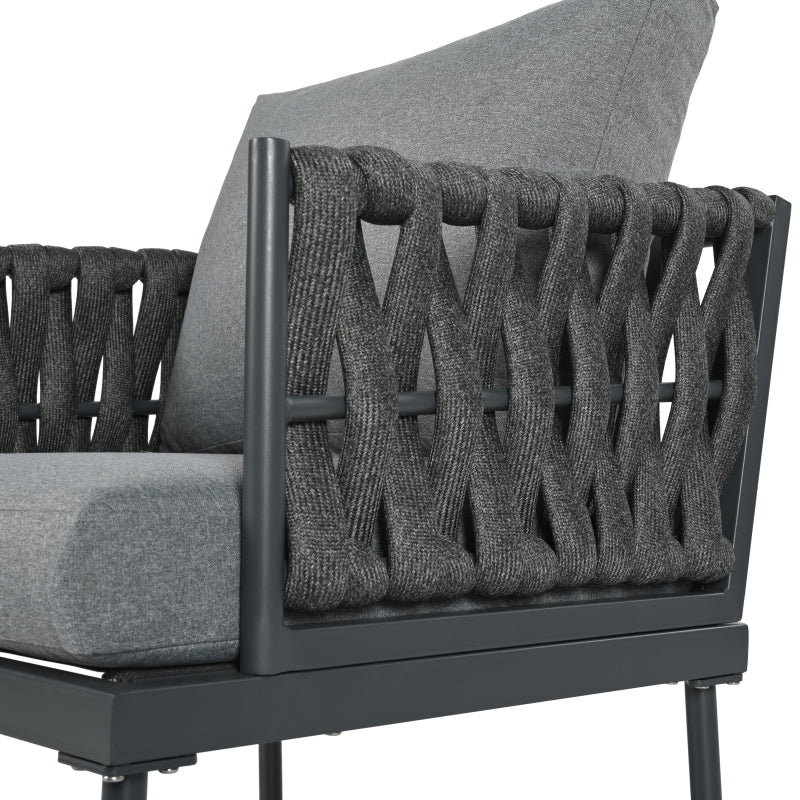 Garten Loungesessel Set, Gartenmöbel Set mit bequemen Kissen, 3er Sofa, 2 Sessel und Couchtisch, Outdoor, Glastischplatte, geflochtene Seilarmlehnen, verzinkter Stahl, grau