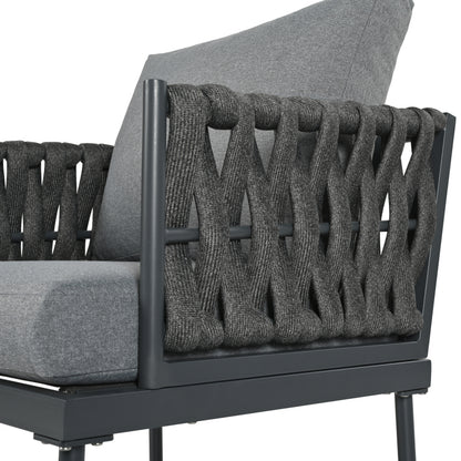 Garten Loungesessel Set, Gartenmöbel Set mit bequemen Kissen, 3er Sofa, 2 Sessel und Couchtisch, Outdoor, Glastischplatte, geflochtene Seilarmlehnen, verzinkter Stahl, grau