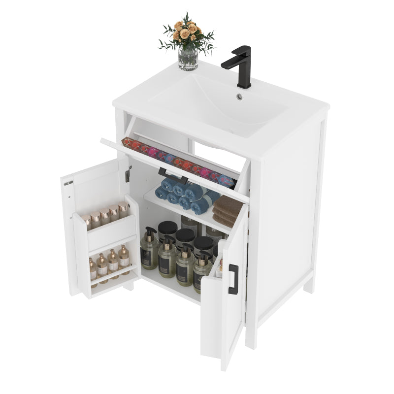 Bodenstehender Badezimmerschrank mit Waschbecken,Waschtisch,Volllackierung, integriertes Keramik Waschbecken, weiß