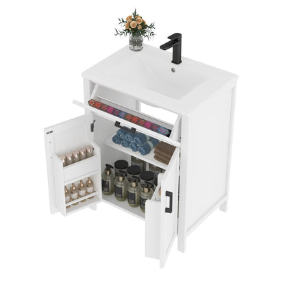 Bodenstehender Badezimmerschrank mit Waschbecken,Waschtisch,Volllackierung, integriertes Keramik Waschbecken, weiß