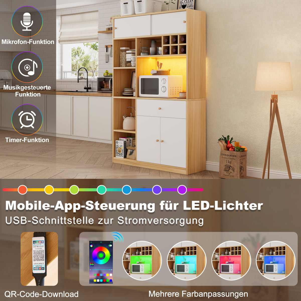 Küchenschrank 115×35×180 cm mit LED, Küchenbuffet mit Schublade, 3 Türen & Regalen, Hochschrank für Mikrowelle – Weiß/Natur