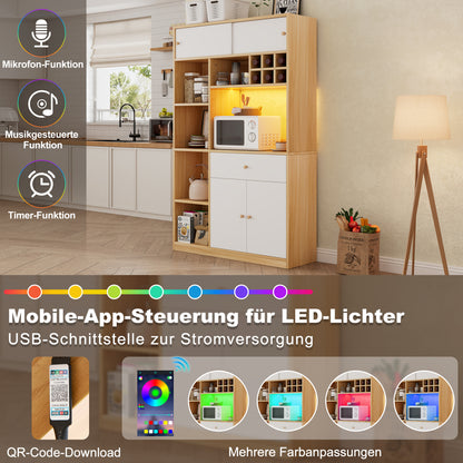 Küchenschrank 115×35×180 cm mit LED, Küchenbuffet mit Schublade, 3 Türen & Regalen, Hochschrank für Mikrowelle – Weiß/Natur
