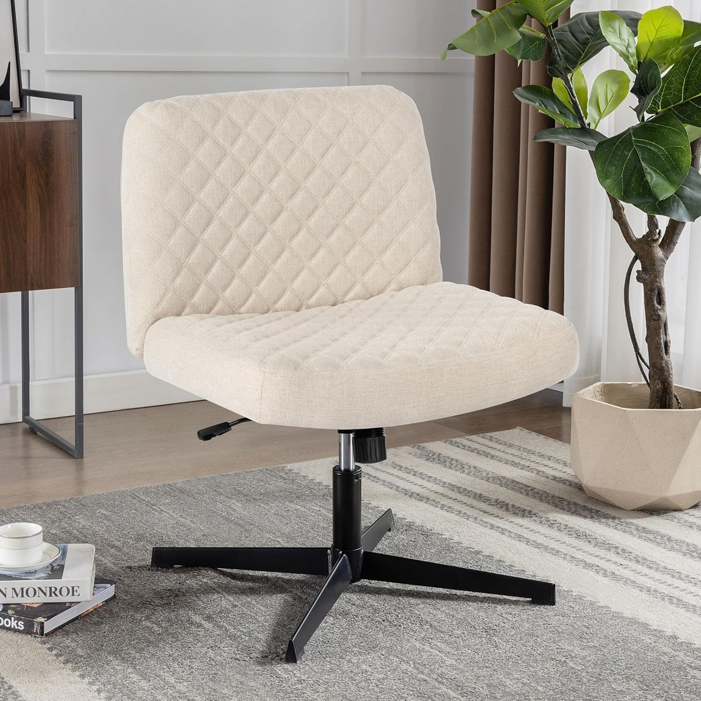 Bürostuhl Ohne Armlehnen,Home Office Stuhl Keine Räder,Heavy Duty Metallbasis,120°Schaukelnder breiter Sitz Ergonomischer Stuhl, Dicken gepolsterte Dreh Eitelkeit Stuhl für Heim und Büro Cream+Linen+Metal