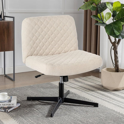 Bürostuhl Ohne Armlehnen,Home Office Stuhl Keine Räder,Heavy Duty Metallbasis,120°Schaukelnder breiter Sitz Ergonomischer Stuhl, Dicken gepolsterte Dreh Eitelkeit Stuhl für Heim und Büro Cream+Linen+Metal