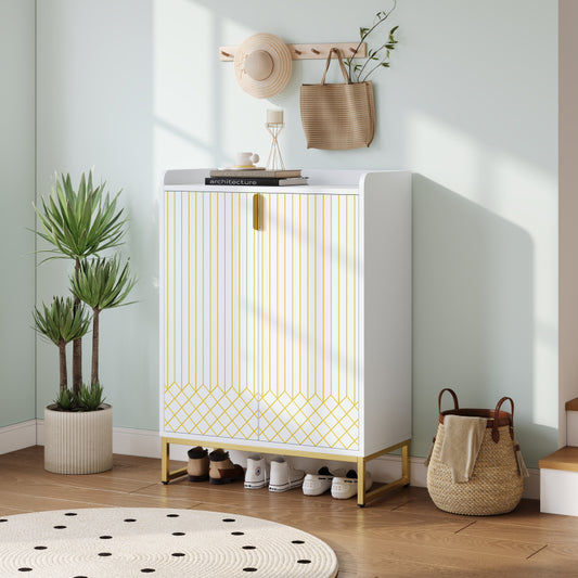 Moderner weißer Schuhschrank mit goldenen Metallbeinen, Aufbewahrungsschrank mit goldfarbenen Schranktüren, 75*37*105CM.