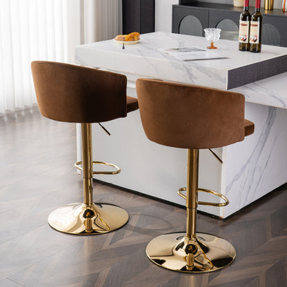 Moderner drehbarer höhenverstellbarer Barhocker, moderner Barhocker für Küche, Bar und Restaurant Theken, Hubhocker mit Rückenlehne und goldener Fußstütze (brown.Set of 2)