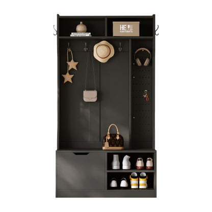 Garderobenset, Komplett-Set Flurgarderobe mit Sitzbank, 6 Haken, 1 Türen & 4 Offener Lagerraum, Schwarz