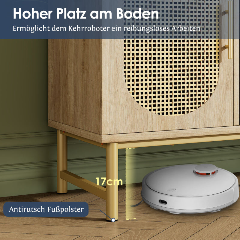 Rattan kommode mit 3-Schubladen und 2-Rattan-Türer,kommode schrank, Schminktisch, für Schlafzimmer und Wohnzimmer, Verstellbare Regale, Kippschutz, 120 x 40 x 74 cm, Sonoma Eiche