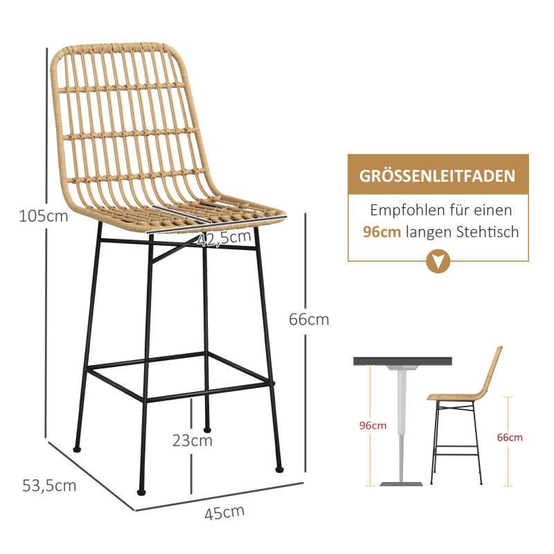 Barhocker 2er-Set Boho-Stil aus Rattan mit Rückenlehne und Stahl bis 120 kg, 45 x 53,5 x 105 cm, Natur & Schwarz
