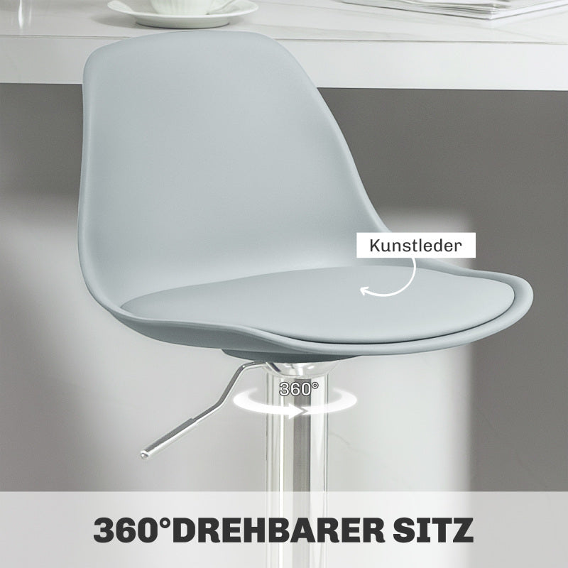 Barhocker 2er Set, Gepolstert Barstuhl mit Stahlgestell, Lehne, Höhenverstellbar Küchenstühle mit Fußstütze 360° Drehbar, Grau