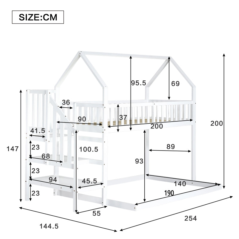 [29994142WAA]Etagenbett, Hausbett mit Treppe, Kinderbett mit Fallschutz und Gitter, Rahmen aus Kiefer, weiß (90x200&140*190cm)