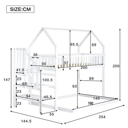 [29994142WAA]Etagenbett, Hausbett mit Treppe, Kinderbett mit Fallschutz und Gitter, Rahmen aus Kiefer, weiß (90x200&140*190cm)