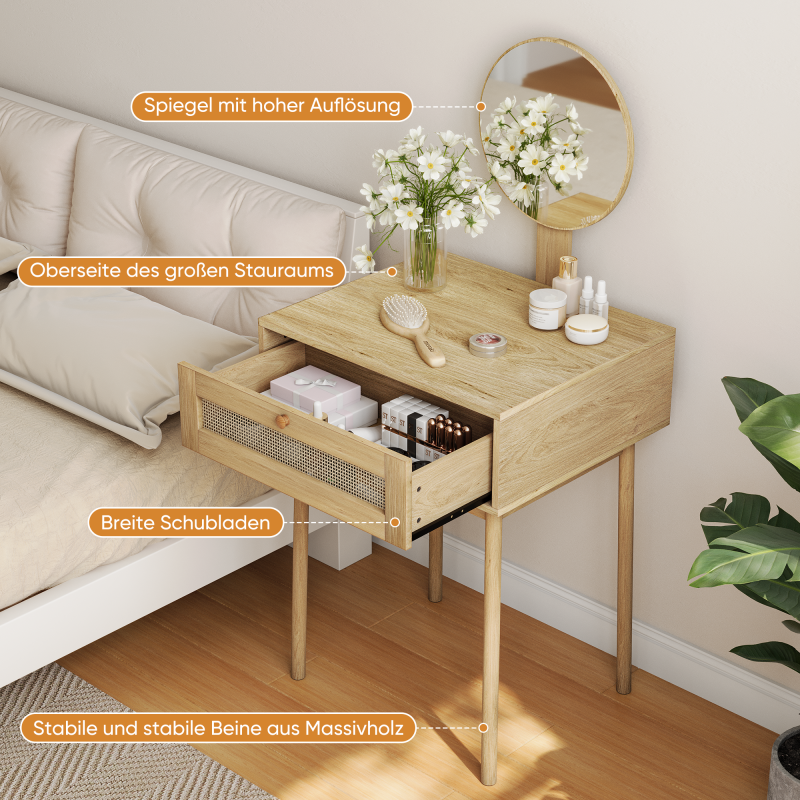 Ein Rattan Schminktisch mit Spiegel, ein kompakter Schminktisch im Schlafzimmer und ein niedlicher Schminktisch für kleine Räume geeignet,(Ohne Stühle)