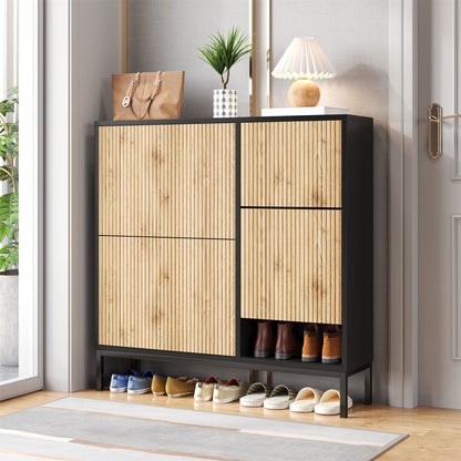 Schuhschrank mit Schuhwechselhocker, dreifach klappbarem Schuhregal und offenem Stauraum, geeignet für Flure, Schwarz + Holzfarbe