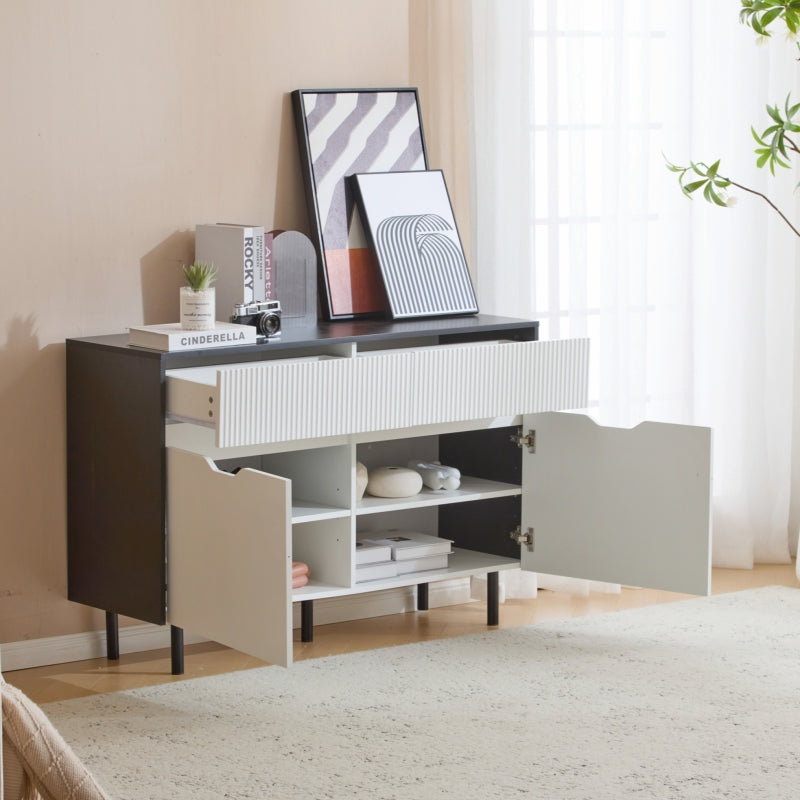 Aufbewahrungsschrank 120cm mit geriffelten Schubladen, schwarz-weißes Design, verstellbare Einlegeböden, 2 Türen, Sideboard-Buffet, Schrank-Organisator für Küche, Wohnzimmer, Esszimmer