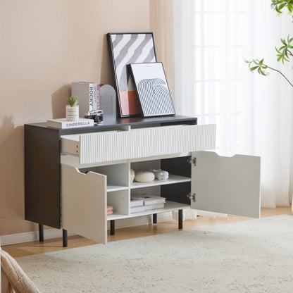 Aufbewahrungsschrank 120cm mit geriffelten Schubladen, schwarz-weißes Design, verstellbare Einlegeböden, 2 Türen, Sideboard-Buffet, Schrank-Organisator für Küche, Wohnzimmer, Esszimmer