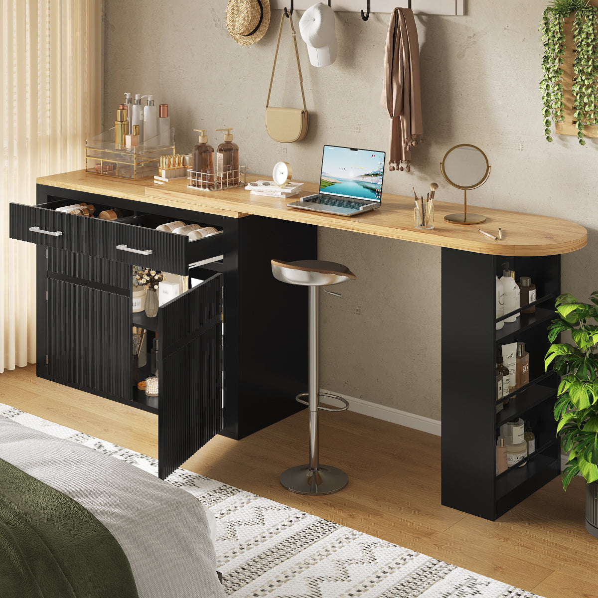 Ausziehbarer Bartisch Schwarz (137-215cm) - Moderner Teleskop-Hochtisch mit Schublade & Regalen - Bewegliche Kücheninsel & Bistro Table
