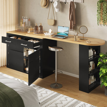 Ausziehbarer Bartisch Schwarz (137-215cm) - Moderner Teleskop-Hochtisch mit Schublade & Regalen - Bewegliche Kücheninsel & Bistro Table