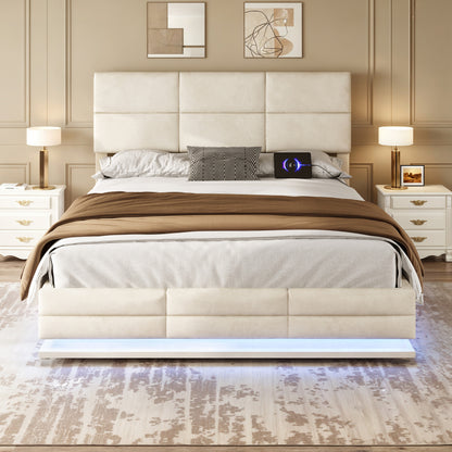 140 x 200cm Bettgestell aus weichem Samt mit USB Type C Ladefunktion und LED Beleuchtung, Hydrauliksystem Stauraum Bettgestell aus Samtmaterial Jugendbett mit Lattenrost, Beige