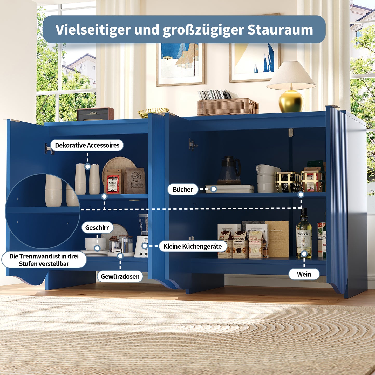 Sideboard(140×40×85cm), buffetschrank, cabinets, Esszimmer Wohnzimmer Aufbewahrungsschränke, Gemusterte Schränke, Freistehende Schränke, Küchenmöbel,Wellenmuster-Design, Blau