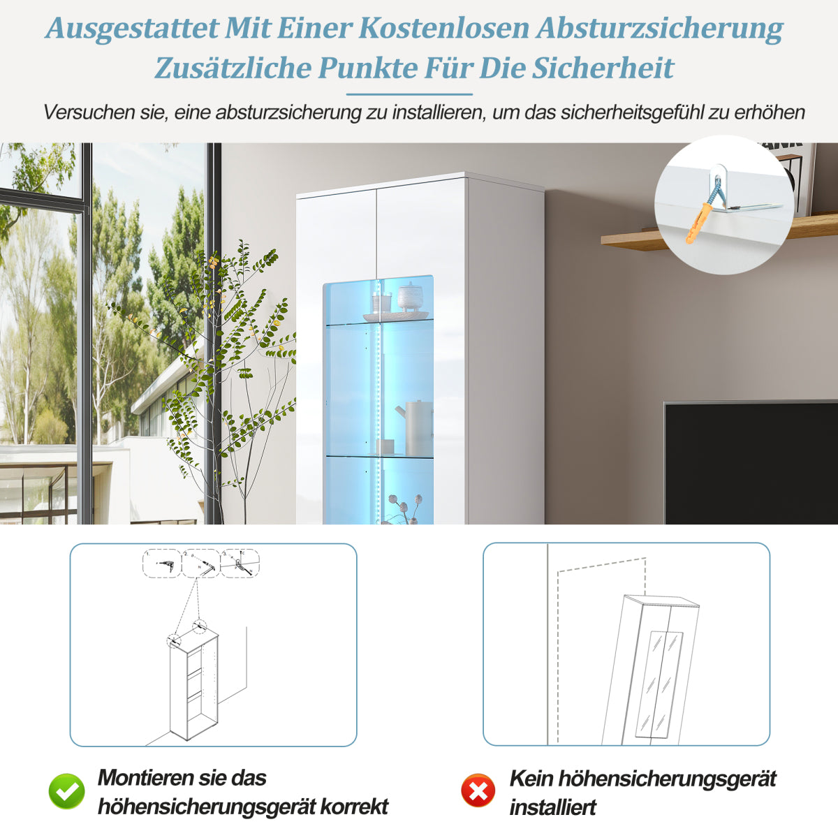 Vitrine LED App-Steuerung, 173 cm, Hochglanz Weiß, Acryl/Glas, Kippschutz