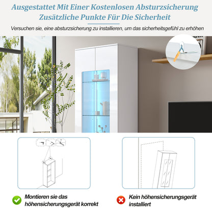 Vitrine LED App-Steuerung, 173 cm, Hochglanz Weiß, Acryl/Glas, Kippschutz