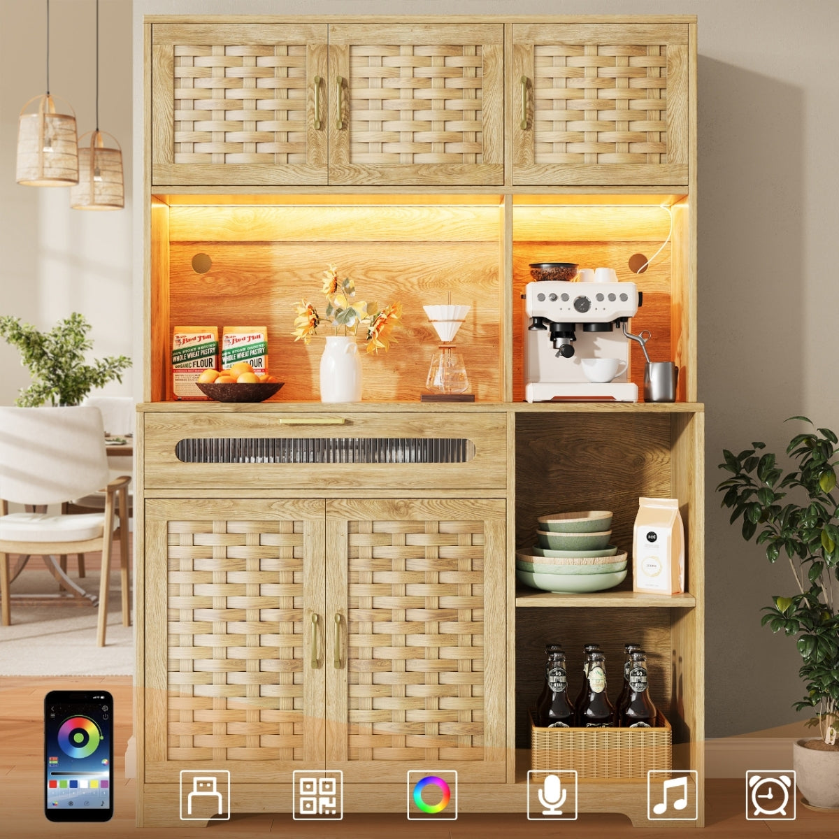 Hochschrank 120x40x180cm Vitrine mit LED-App-Steuerung & Musikmodus, Küchenschrank Natur Holzoptik, MDF-Geflecht & Glastüren