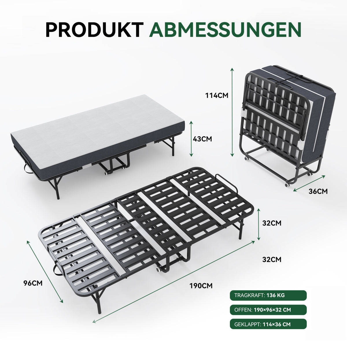 190 × 96 cm Klapp-Twin-Bett mit 9,5 cm Memory-Foam-Matratze, tragbares Gästebett/Rollbett, stabiler Metallrahmen