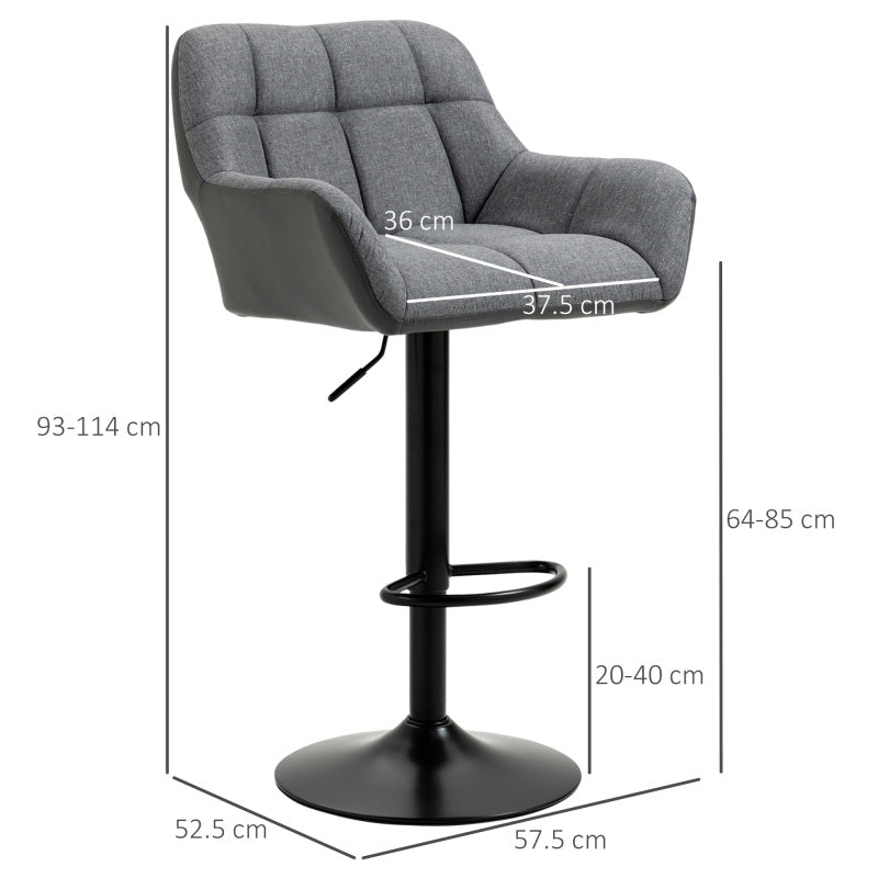 Barhocker küche 2er-Set Höhenverstellbar 360° drehbar mit Lehne und Fußstütze, Leinenoptik, bis 120 kg, 57,5 x 52,5 x 93-114 cm, Grau