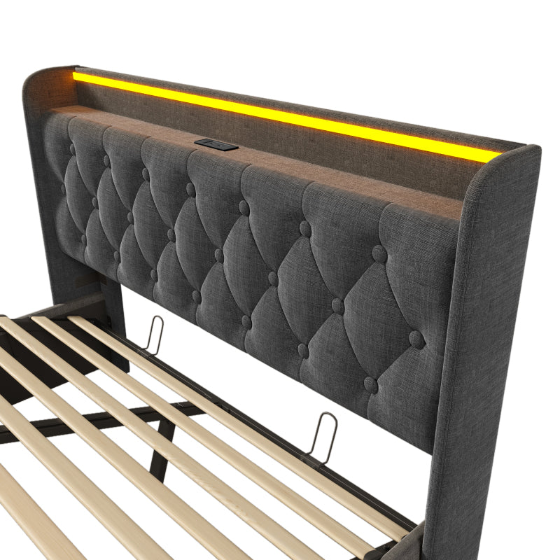 Polsterbett Doppelbett, 360-Surround-LED-Funktion, Drucktaste/App/Fernbedienung,160*200 cm,Grau Leinen-Material Hydraulisches Lagerbett, gepolstertes Kopfteil mit USB Typ-C Ladefunktion(Mit Matratze)
