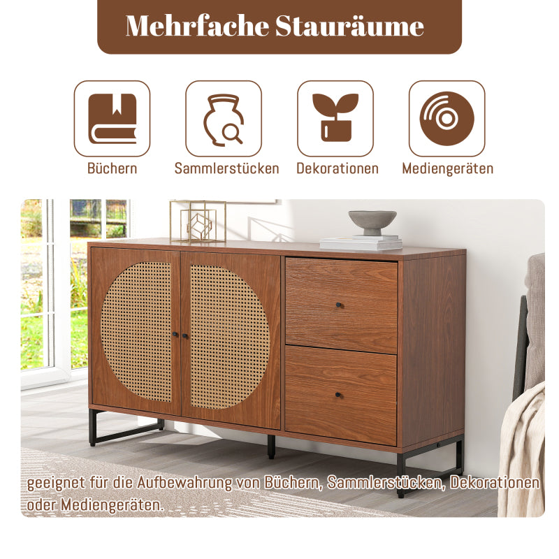 Sideboard mit 2 Rattan verzierten Türen und 2 Schubladen Kommode Küchenschrank, Mehrzweckschrank, Highboard mit Metallgriffe, für Schlafzimmer & Wohnräume & Büro