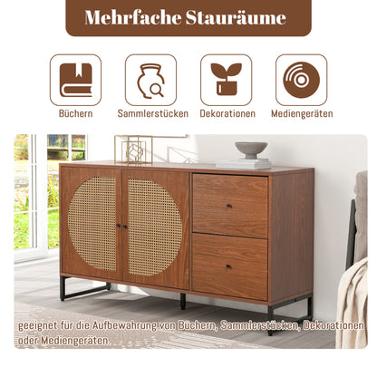 Sideboard mit 2 Rattan verzierten Türen und 2 Schubladen Kommode Küchenschrank, Mehrzweckschrank, Highboard mit Metallgriffe, für Schlafzimmer & Wohnräume & Büro