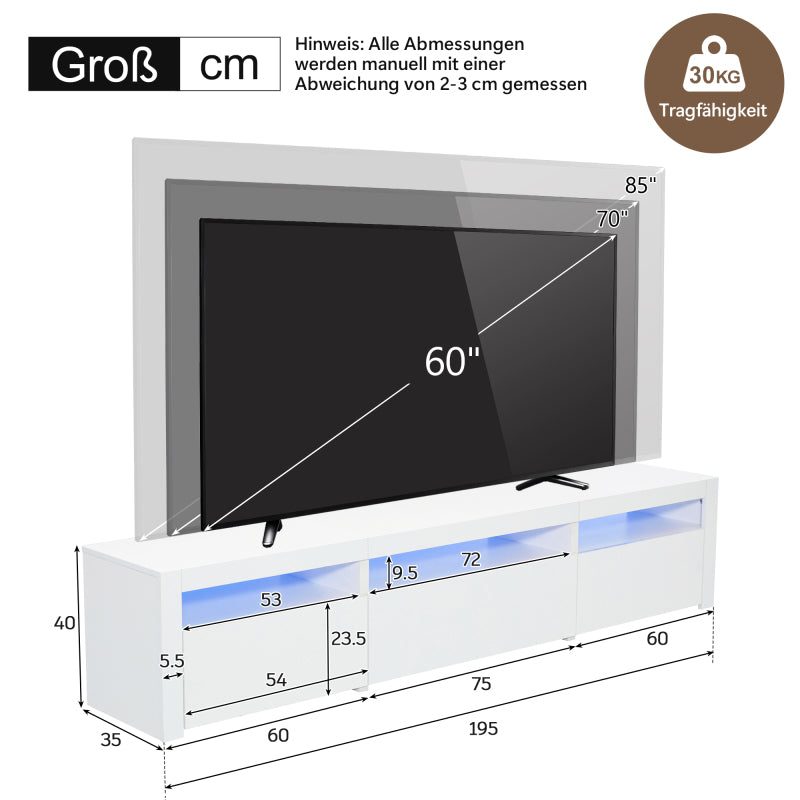Weißer Hochglanz-TV-Schrank mit LED-Beleuchtung und Stauraum, weißes niedriges Paneel, bietet Platz für 80-Zoll-Fernseher, TV-Unterschrank mit herunterklappbarer Schranktür, 190 x 24 x 40 cm
