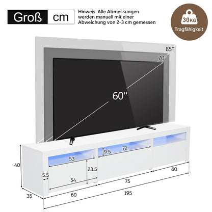 Weißer Hochglanz-TV-Schrank mit LED-Beleuchtung und Stauraum, weißes niedriges Paneel, bietet Platz für 80-Zoll-Fernseher, TV-Unterschrank mit herunterklappbarer Schranktür, 190 x 24 x 40 cm
