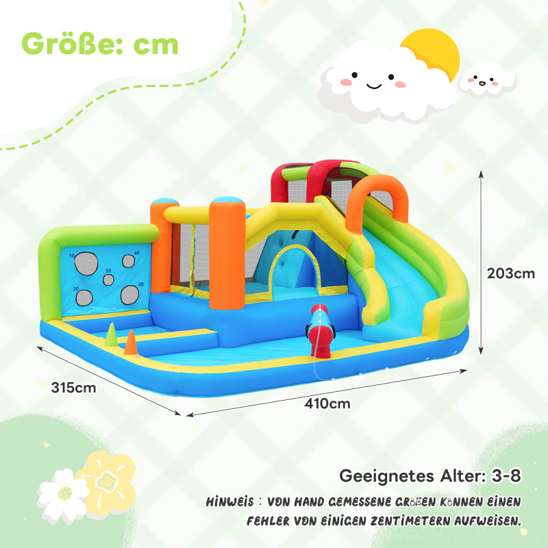 [Ganzjähriger Spielspaß] Hüpfburg mit Gebläse Multifunktionaler Wasserpark+Trampolinpark für Kinder, Inklusive 450W-Gebläse