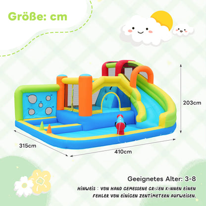 [Ganzjähriger Spielspaß] Hüpfburg mit Gebläse Multifunktionaler Wasserpark+Trampolinpark für Kinder, Inklusive 450W-Gebläse