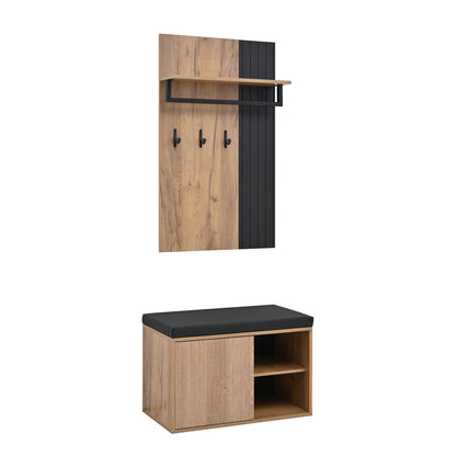 Schuhbank mit Garderobe & 3 Haken, Schuhschrank mit 2 Türen und Sitzbank, Flurmöbel aus Spanplatte, Schwarz/Natur, B70×T36×H146 cm