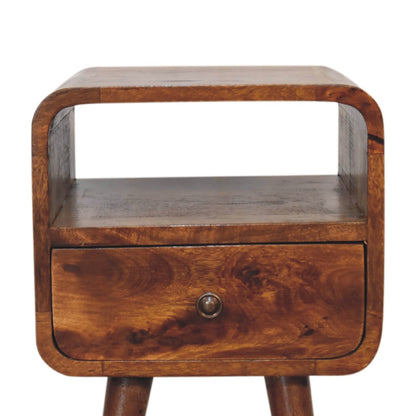 Mini Nachttisch aus Massivholz – Kastanienbraun, Curved Design, 1 Schublade & offenes Fach, Handgefertigt, Nordic-Stil, 30x30x55 cm