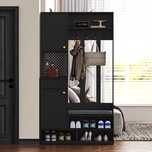 Garderobenset mit Sitzbank, Pegboard, 4 Haken, 2 Schubladen & Schrank, MDF, Schwarz, 100×35×180 cm