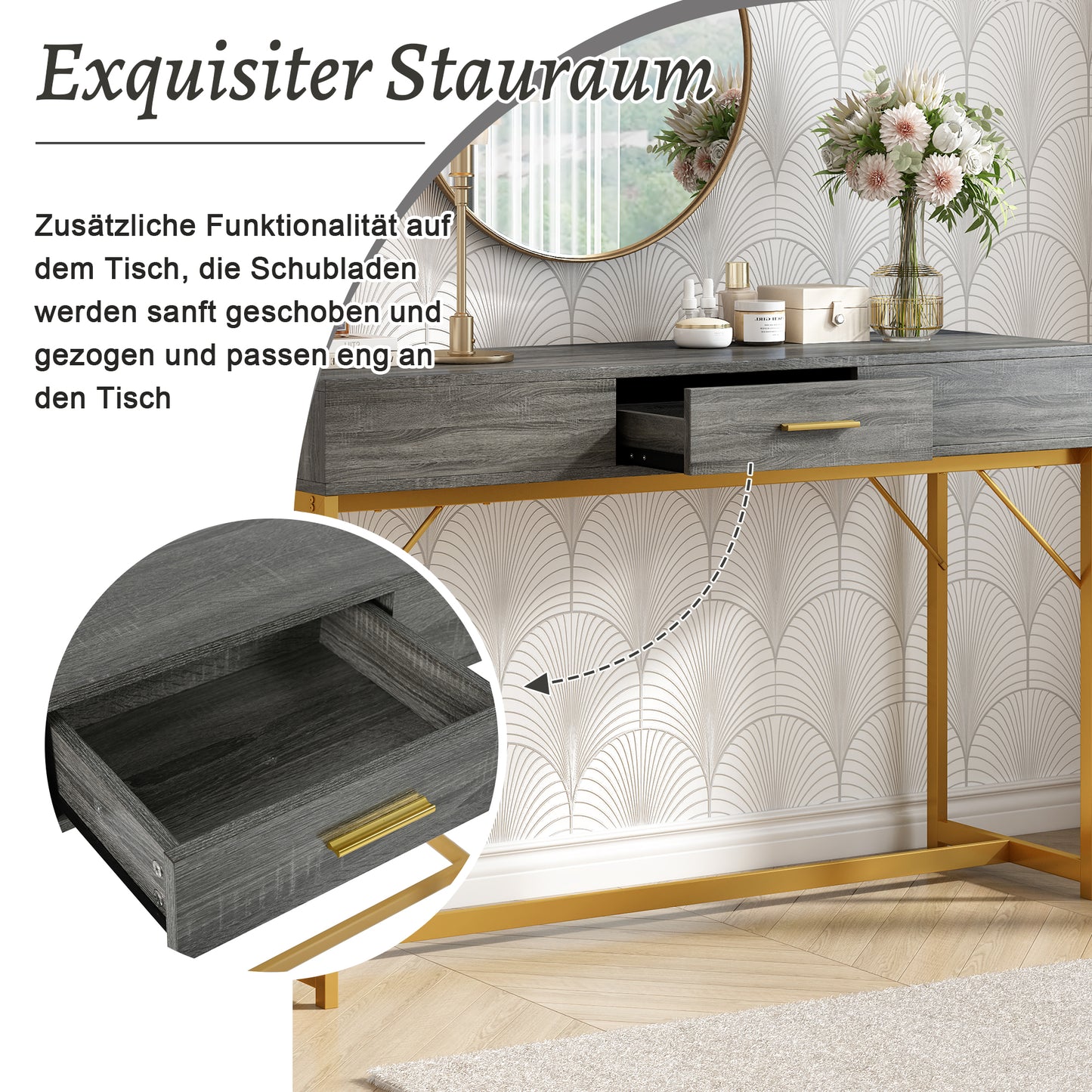 Konsolentisch,Flurtisch mit 2 Schublade ,Leichter Luxus-Stil Beistelltisch, Grau/Gold